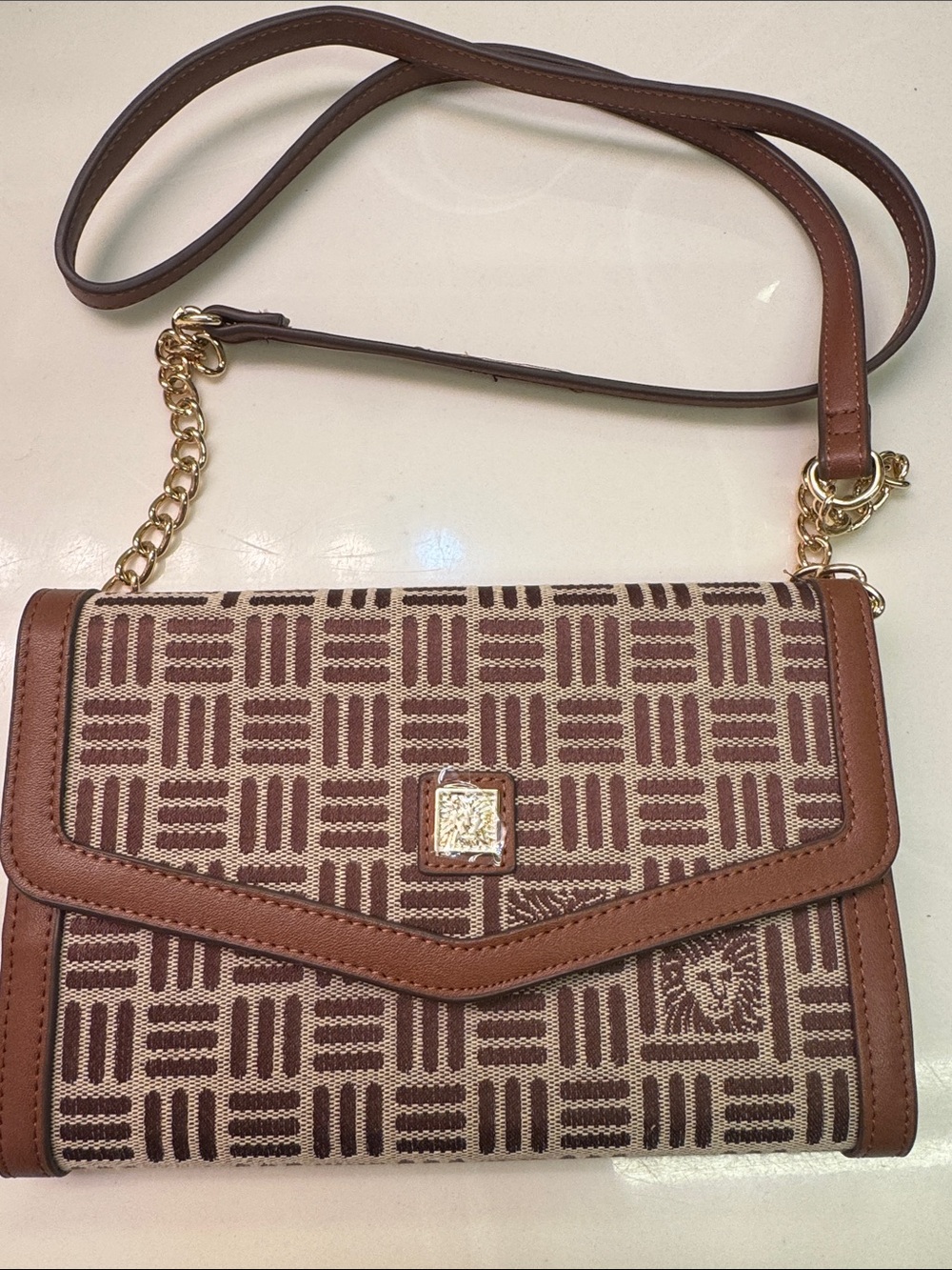 Anne Klein Brown Patterned Crossbody Wallet Bag